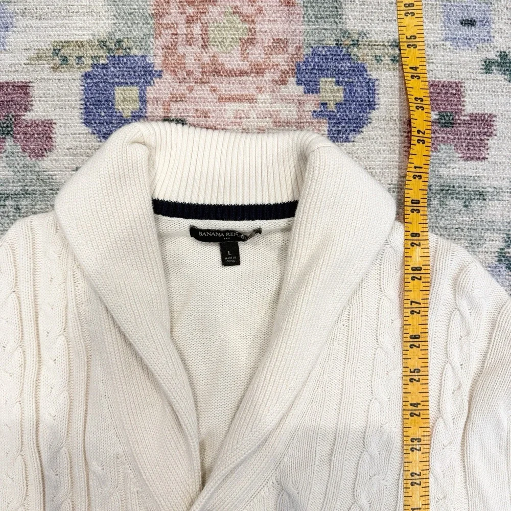 Banana Republic Mens Cable Knit Shawl Collar Cardigan Sweater Large Cream Preppy